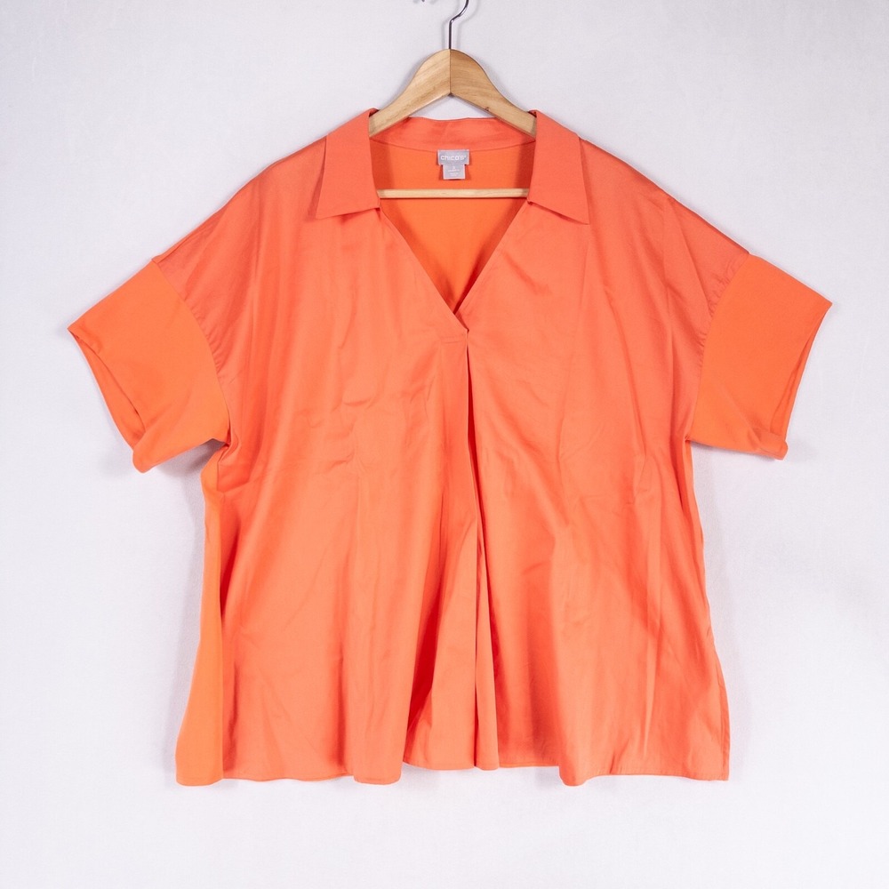 Chico's Shirt Womens Sz 3 US XL Orange Coral Pullover Collared Pleated Relaxed
